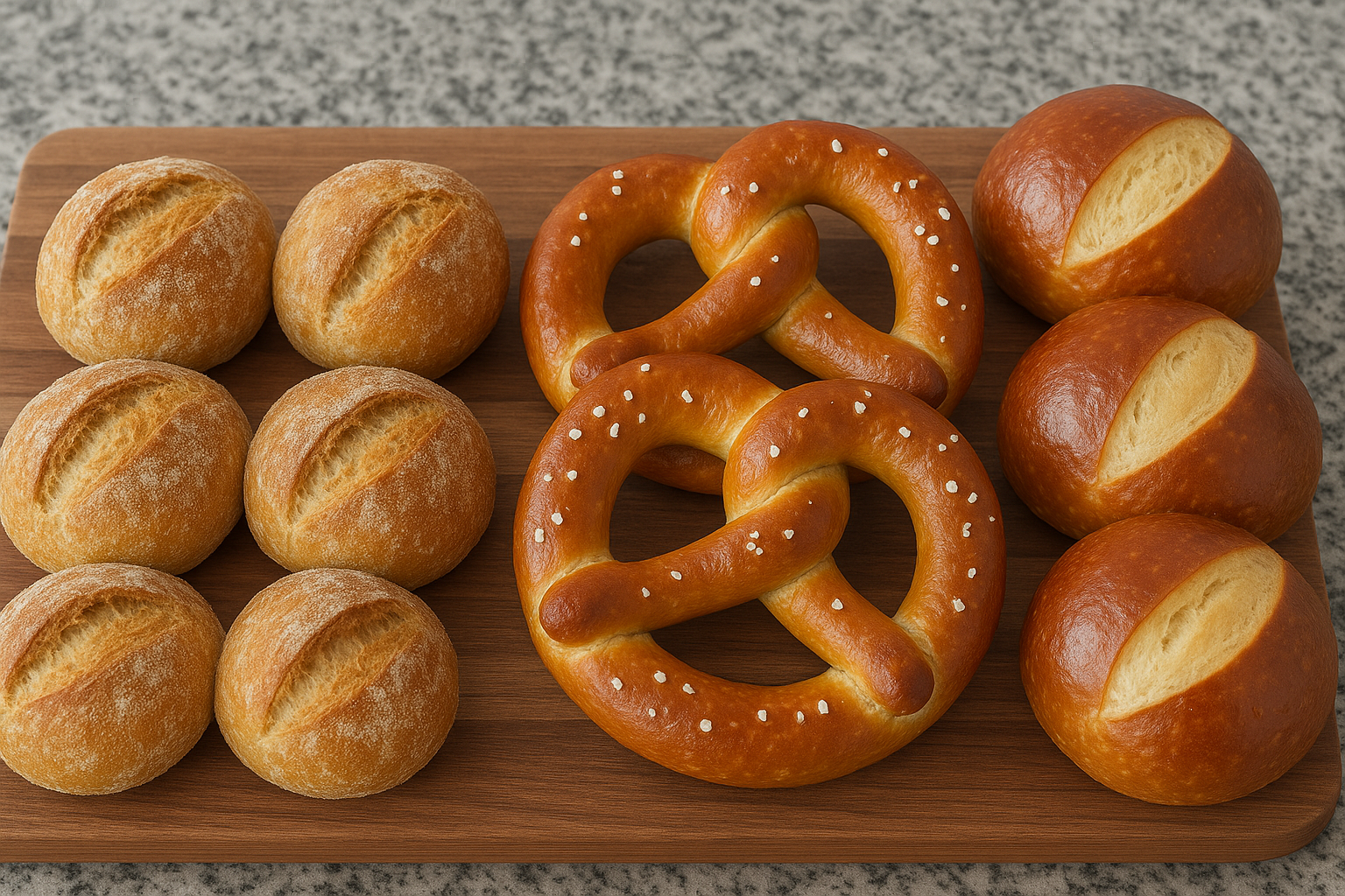 Freshly baked rolls and pretzels